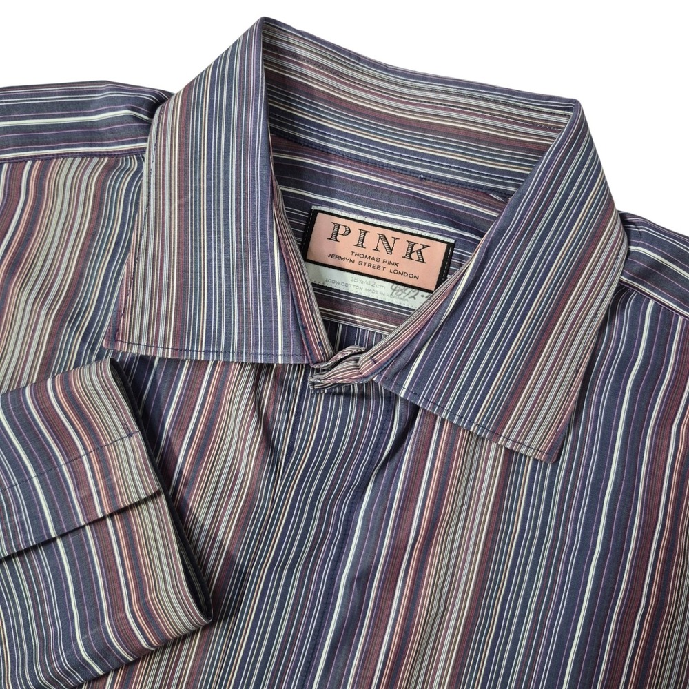 Thomas Pink Dress Shirt Mens 16.5 Multicolor Striped Long Sleeve Fly Front